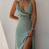 V-neck Slip Dress with Low Cut and Side Slit
