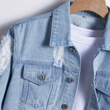 Men's denim jacket for spring and autumn. Light blue ripped denim jacket. Street trend style. Daily casual.