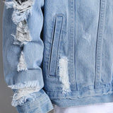 Men's denim jacket for spring and autumn. Light blue ripped denim jacket. Street trend style. Daily casual.