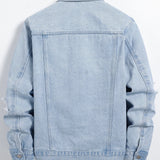 Men's light blue ripped denim jacket.