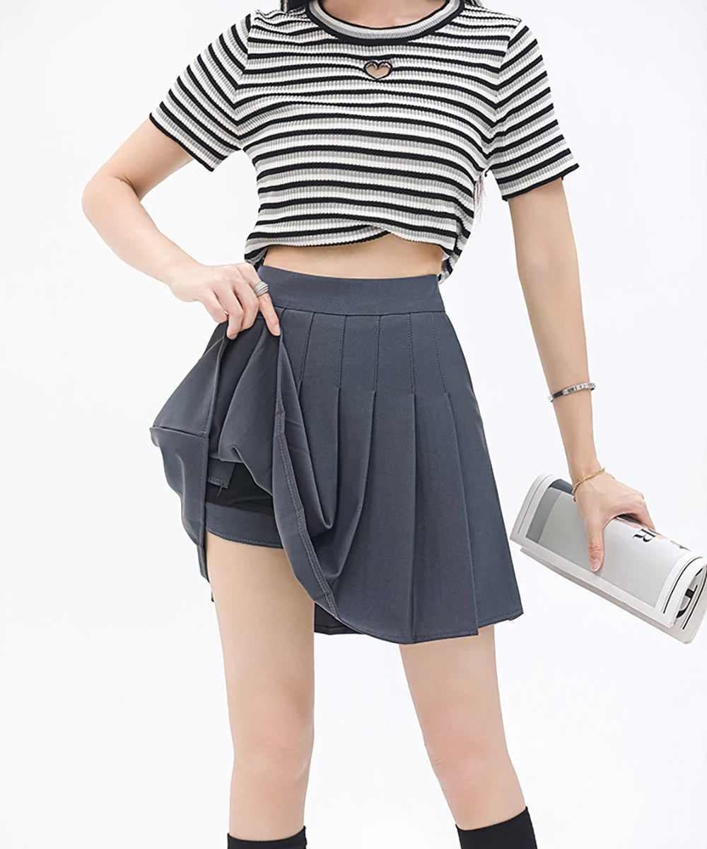 Pleated Skirt Elastic Waistband Preppy Style