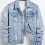 Men's light blue ripped denim jacket.