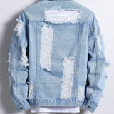 Men's denim jacket for spring and autumn. Light blue ripped denim jacket. Street trend style. Daily casual.