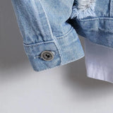 Men's denim jacket for spring and autumn. Light blue ripped denim jacket. Street trend style. Daily casual.