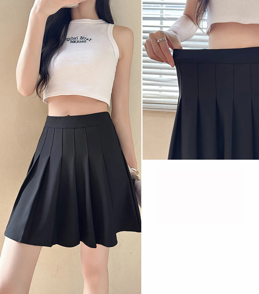Pleated Skirt Elastic Waistband Preppy Style