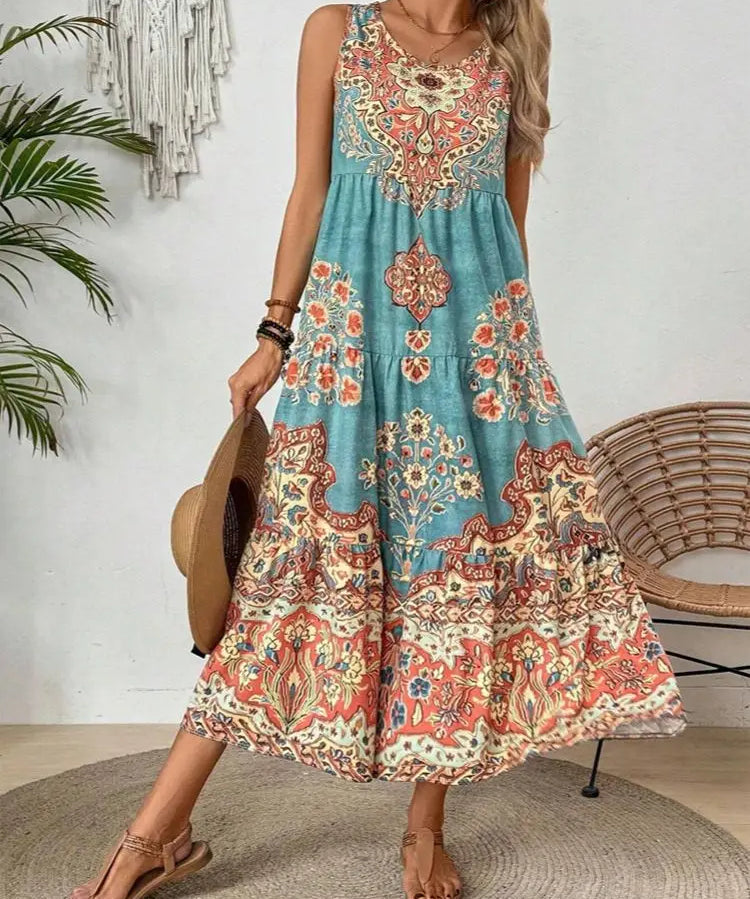 Summer print crew-neck sleeveless dress