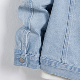 Men's light blue ripped denim jacket.