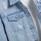 Men's light blue ripped denim jacket.