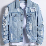 Men's denim jacket for spring and autumn. Light blue ripped denim jacket. Street trend style. Daily casual.