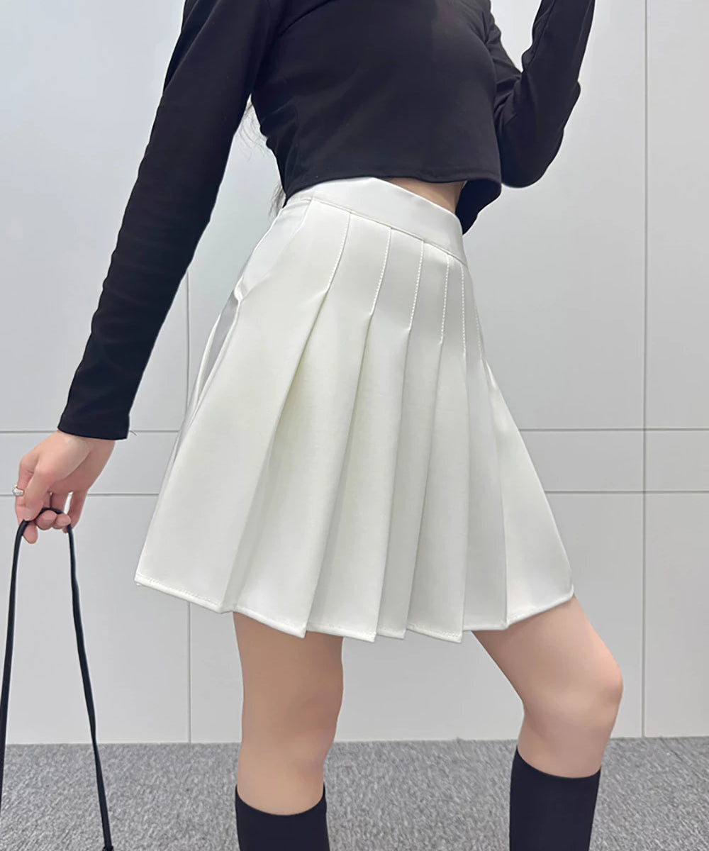 Pleated Skirt Elastic Waistband Preppy Style