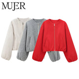 MUJER Red Zipper Bomber Jackets for Women