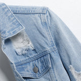 Men's light blue ripped denim jacket.