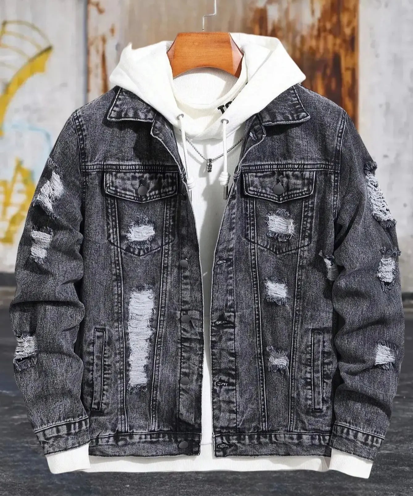 1PC Men's casual hot-selling black distressed stonewashed flight jacket
