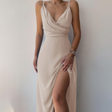 V-neck Slip Dress with Low Cut and Side Slit