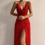 V-neck Slip Dress with Low Cut and Side Slit